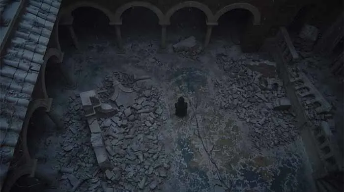 Tyrion walks through rubble