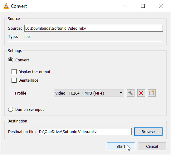 VLC video converter start