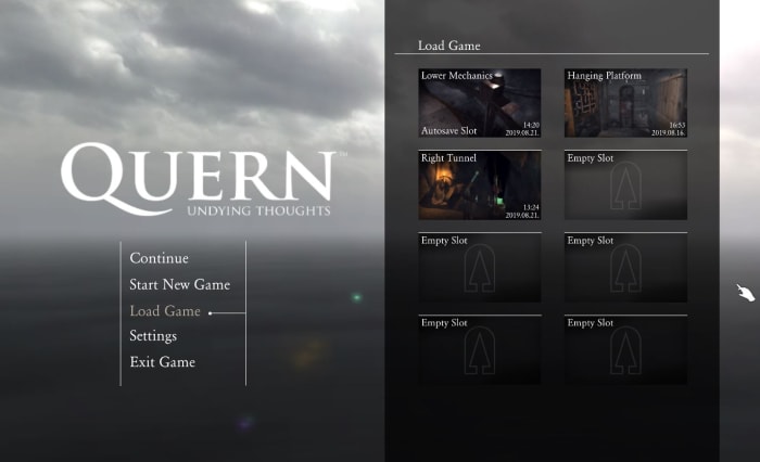 Quern Undying Thoughts save game menu