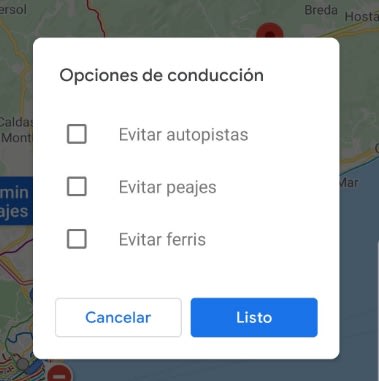 Opciones de conducción de Google Maps