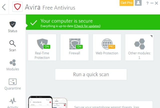 Interfaz de Avira Free Antivirus
