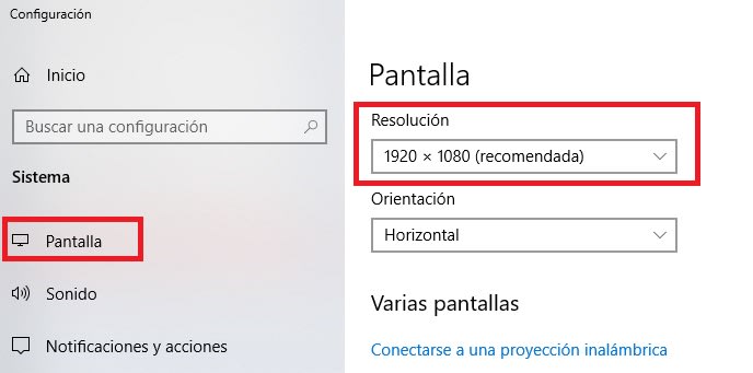 Resolución de pantalla en Windows 10