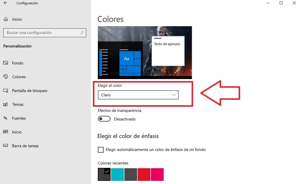 Elegir el tema claro de Windows 10