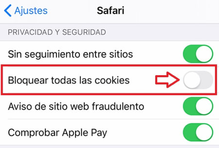 Cookies activadas en Safari para iOS
