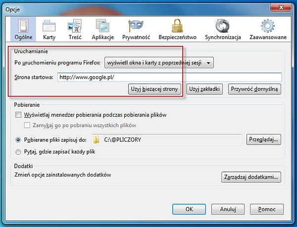 jak zmienić stronę startową w Mozilla Firefox