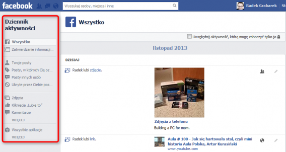 oś czasu facebook - dziennik aktywności