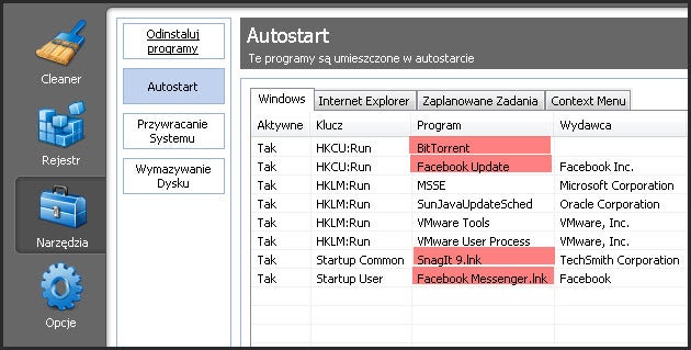 Autostrat w CCleaner