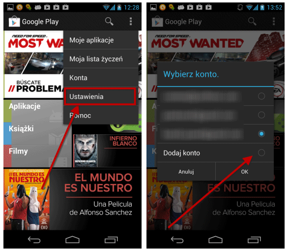 Wybieranie konta w sklepie Google Play Android