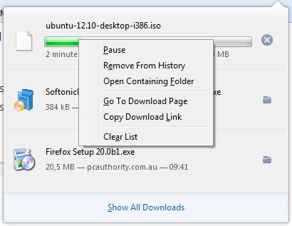 Menedżer pobierań Firefox 20 beta