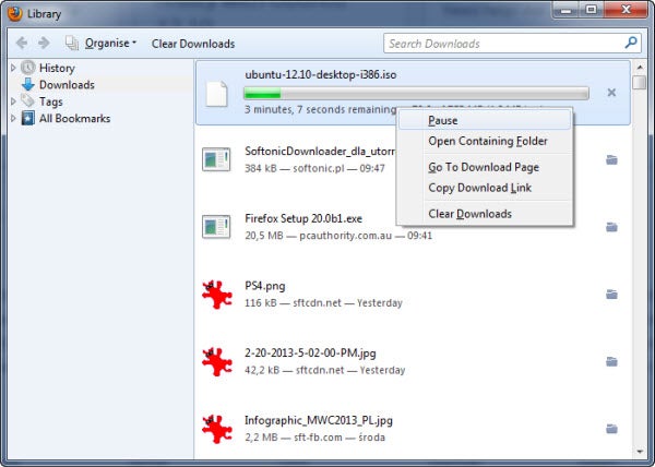 Menedżer pobrań w Firefox 20 beta