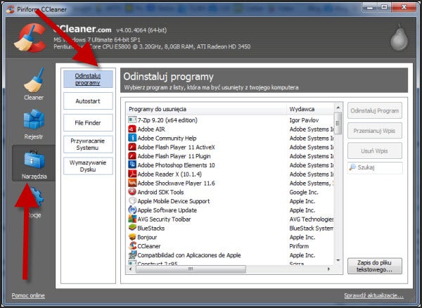 CCleaner - jak usunąć programy z Windows 7
