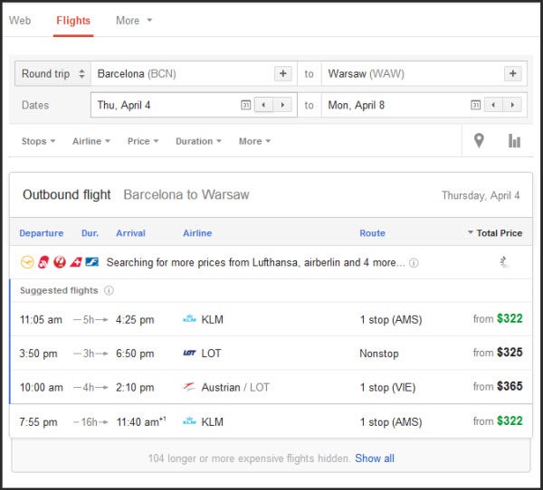 Google Flights - wyszukiwarka