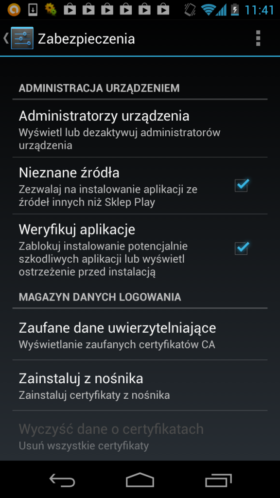 Ustawienia Android