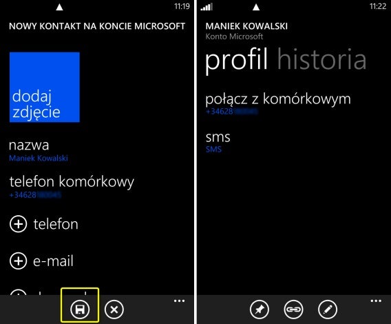 windows phone - jak dodać telefon do kontaktów