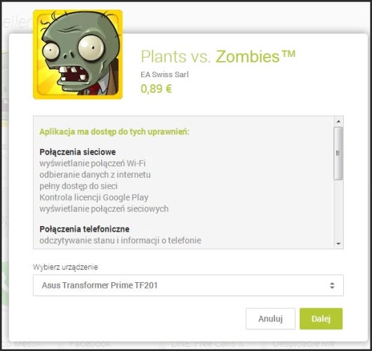 Strona kupna aplikacji Google Play