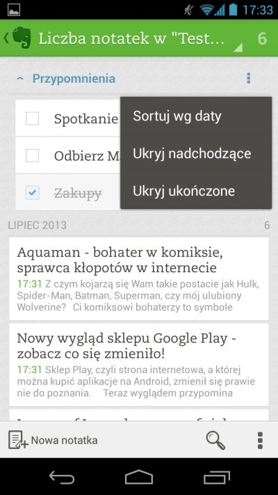 jak dodawać powiadomienia w Evernote - sortowanie