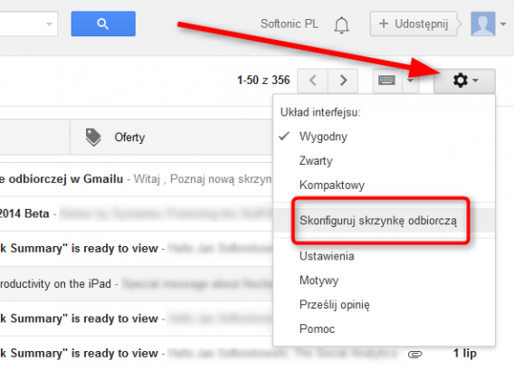 jak wrócić do starego wyglądu Gmaila - skonfiguruj skrzynkę odbiorczą
