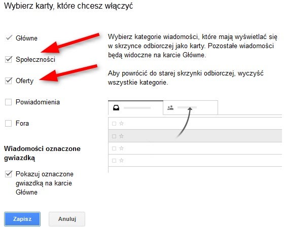 jak wrócić do starego wyglądu Gmaila - odznacz dodatkowe karty