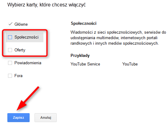 jak wrócić do starego wyglądu Gmaila - odznacz nowe karty