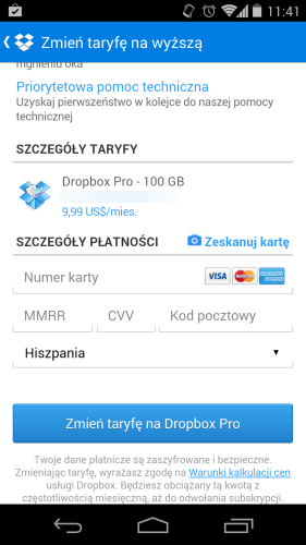 Dropbox Pro - płacenie kartą