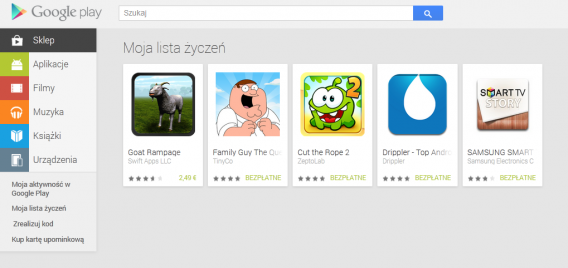 Lista życzeń Google Play