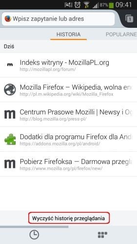 Firefox Android usuwanie historii