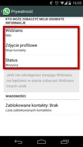 WhatsApp ustawienia prywatności