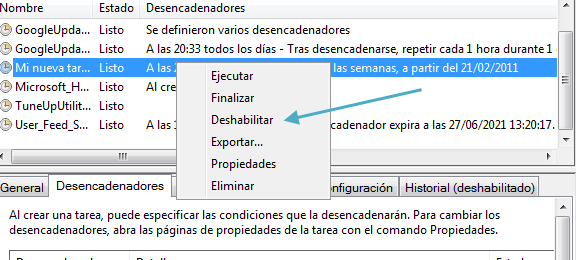 Deshabilitar una tarea programada