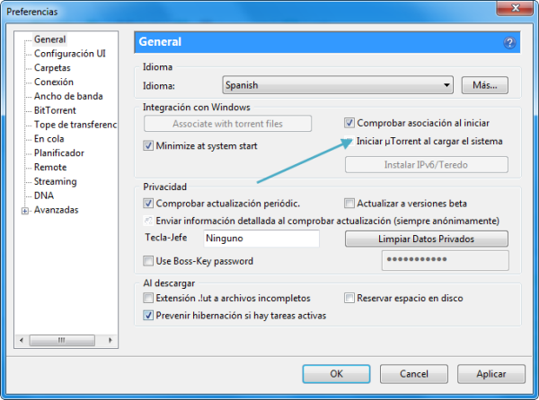 Opciones de utorrent