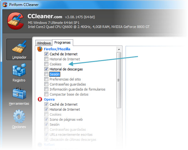 Opciones de CCleaner