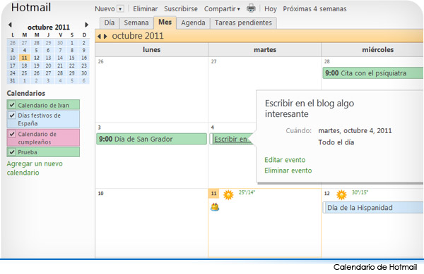 Calendario de Hotmail Calendario de Hotmail