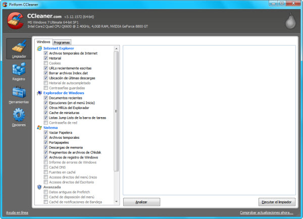 Ventana principal de CCleaner Ventana principal de CCleaner