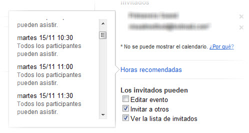 Horas recomendadas en Calendar