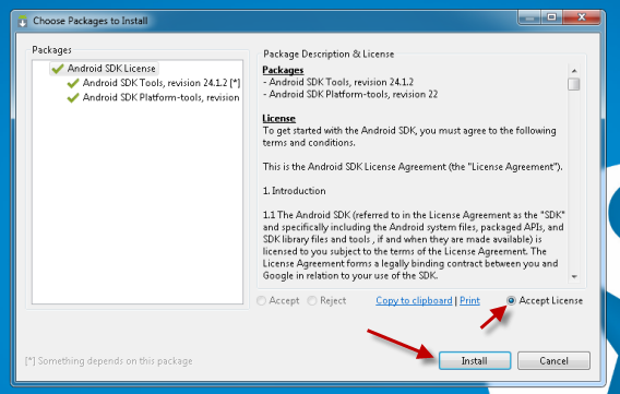 Acepta la licencia antes de instalar los componentes de Android SDK