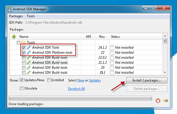Solo necesitas estos dos paquetes de Android SDK