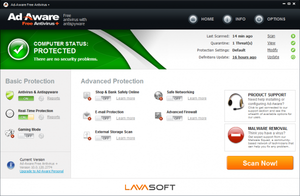 Ventana principal de Ad-Aware Antivirus