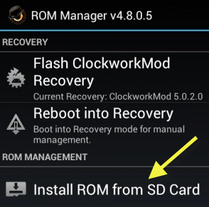 Opción para instalar ROM desde la tarjeta SD