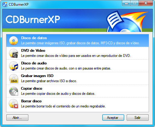 Ventana de CDBurnerXP