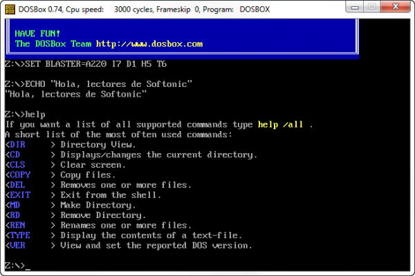 El resultado que se obtiene al ejecutar el comando HELP en DOSBox