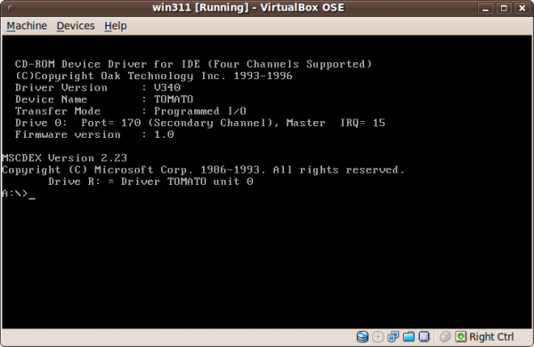 MS-DOS ejecutándose en VirtualBox para Linux