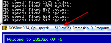 DOSBox ejecutándose a 519 ciclos por segundo