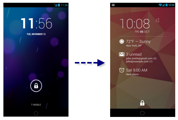 Pantalla de bloqueo de Android 4.2 antes y después de aplicar DashClock Widget
