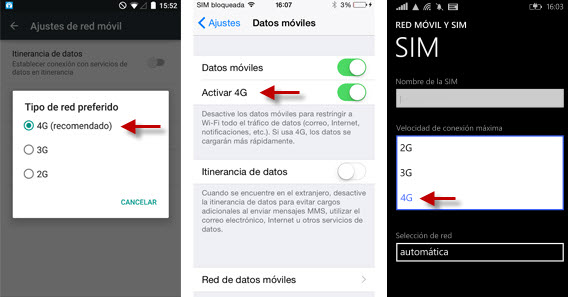 Activar conexión 4G en Android, iOS y Windows Phone