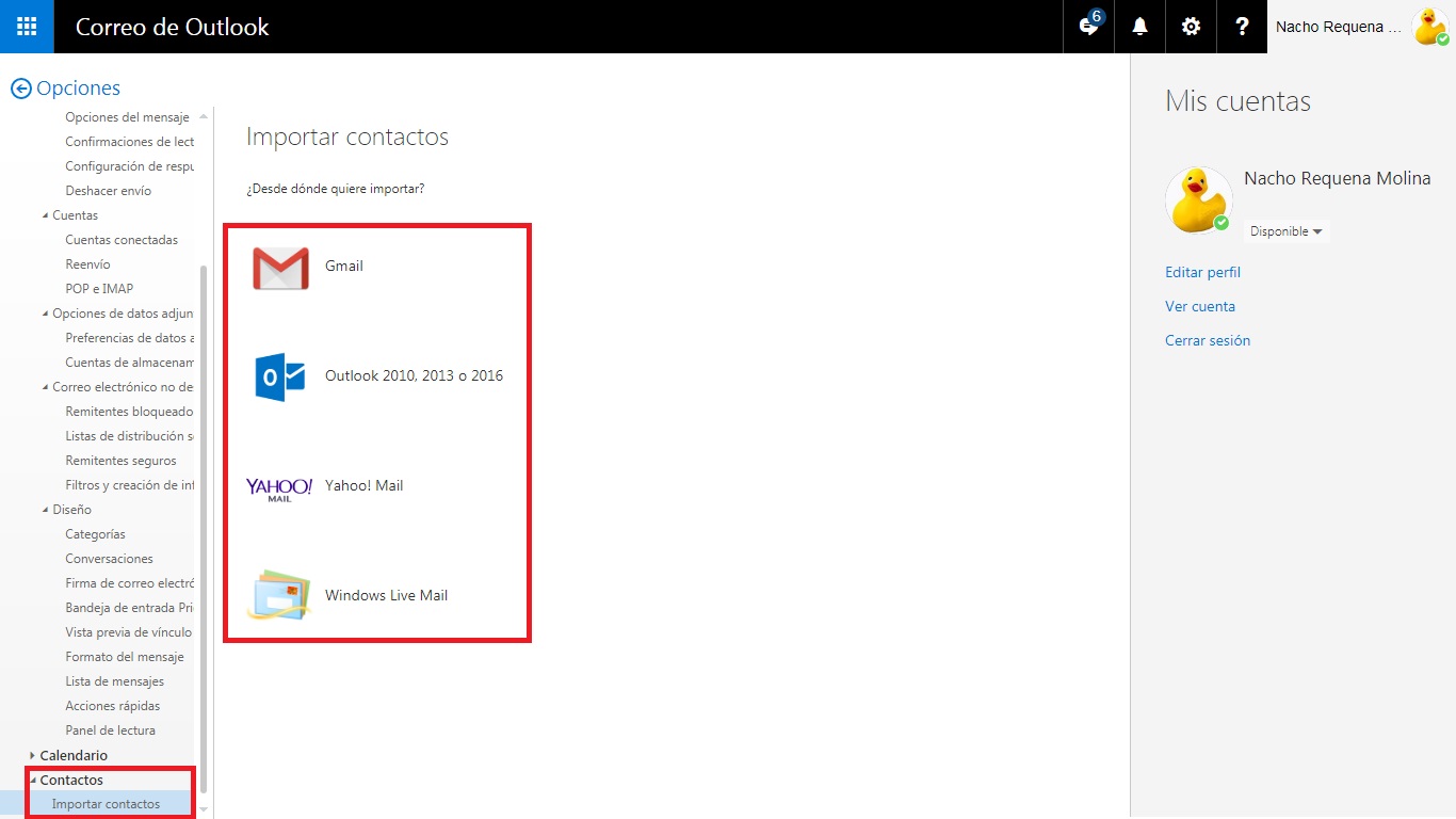 pasos para importar contactos a outllok o hotmail