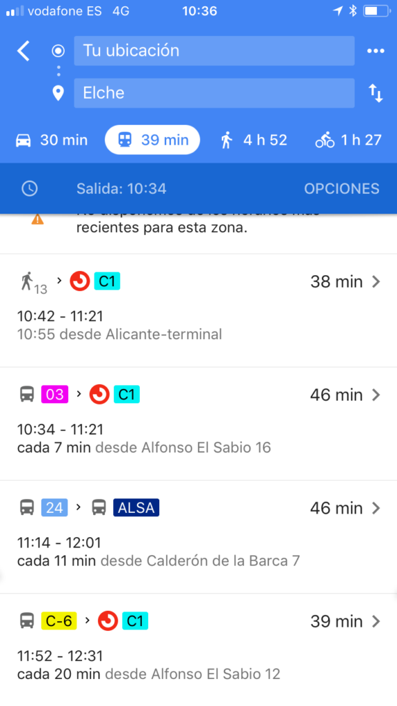 horarios transporte público Google Maps