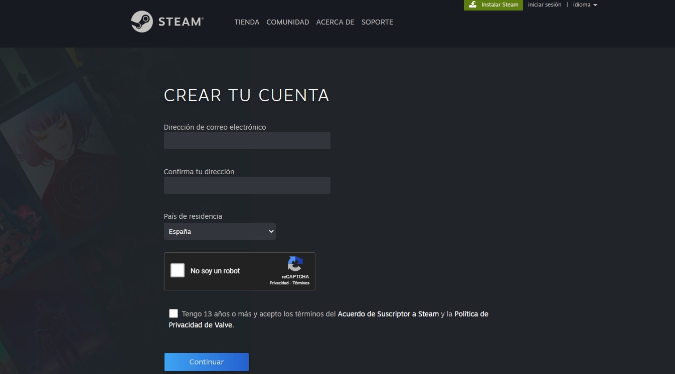 Página de creación de una cuenta de Steam
