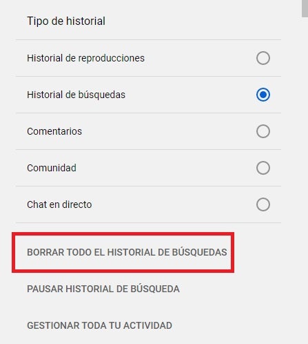 Borrar historial de búsquedas en YouTube