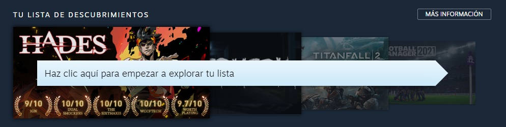 Lista de descubrimientos en Steam