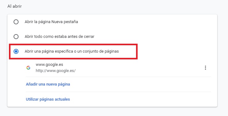 Cambiar la página de inicio en Chrome