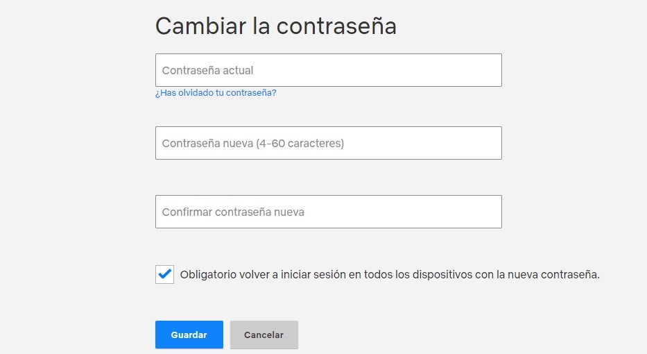 Página de cambio de contraseña de Netflix